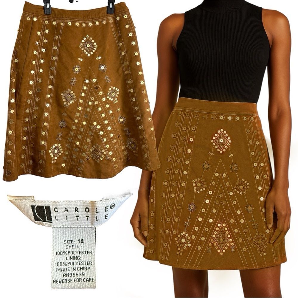 Carole Little Women's Tan Skirt with Gold Embellishments Size 14